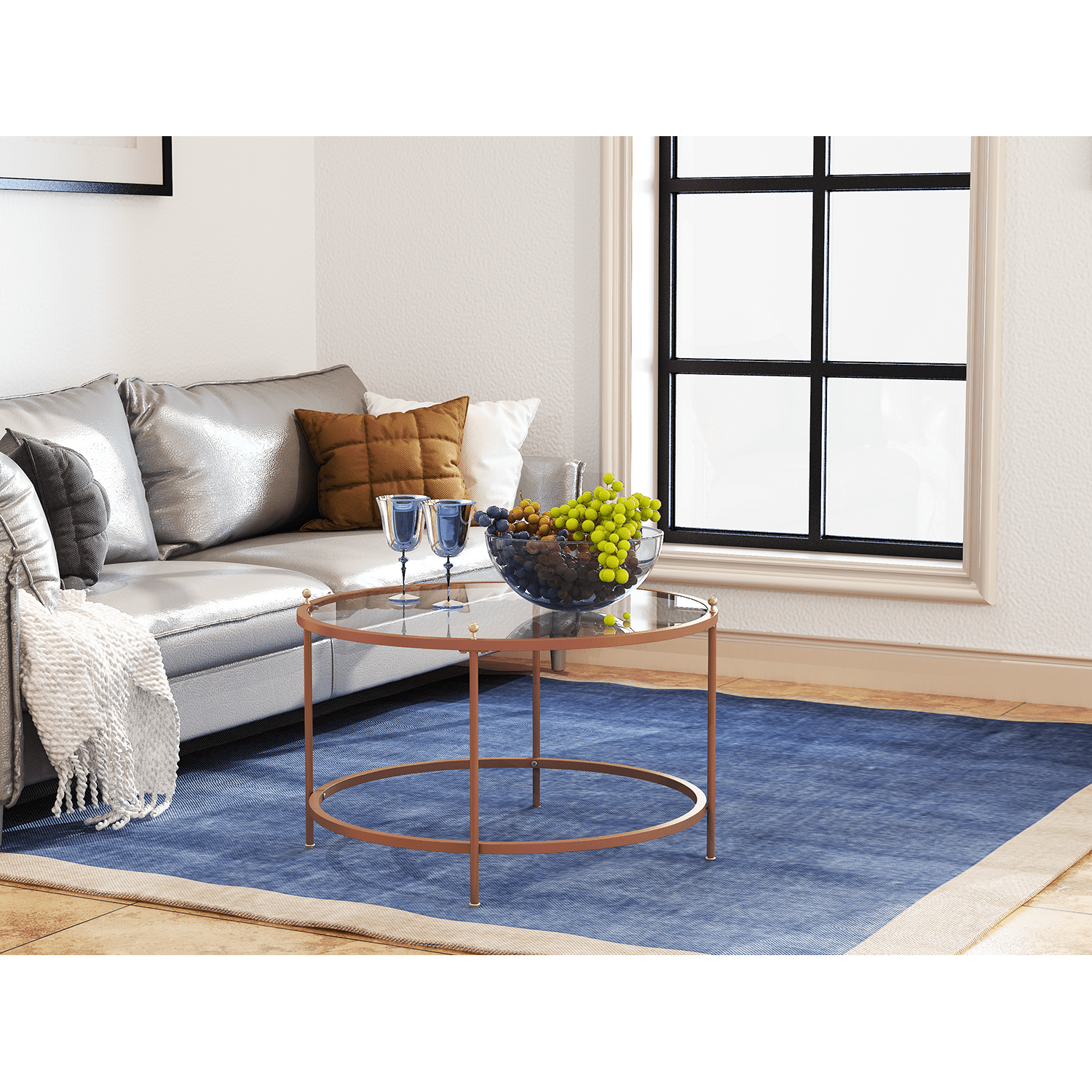 Kadyn 33" Glass Tabletop Coffee Table, Carbon steel Coffee Table for Living Room, Modern Round Coffee Table, Rose Gold Kadyn 33" Glass Tabletop Coffee Table, Carbon steel Coffee Table for Living Room, Modern Round Coffee Table, Rose Gold