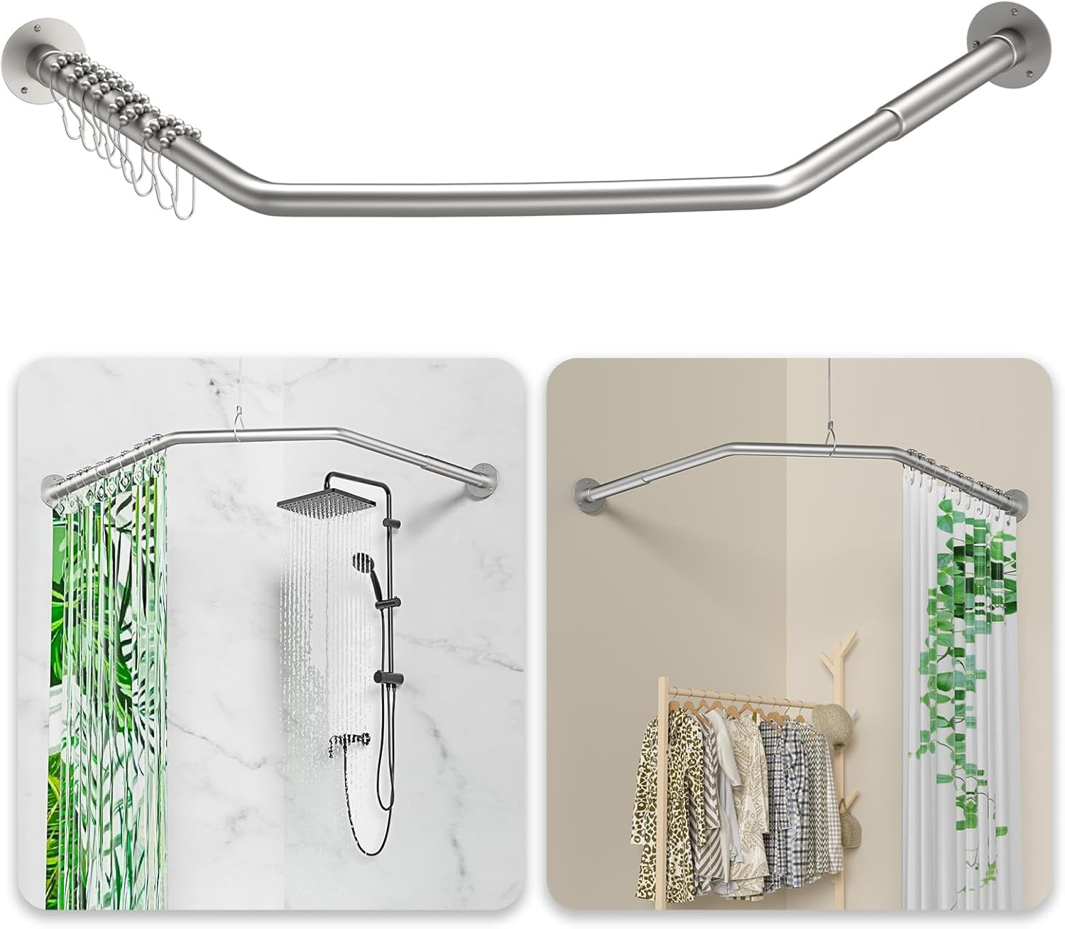 Diamond Shaped Shower Curtain Rod, Adjustable [Both Sides: 22.5" - 35.4", Middle: 12.6" /28.3" / 43.7"] Corner Shower Rod Pole for Bathroom, Clothing Store with 12 Hooks & Ceiling Support