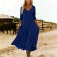 thumbnail image 4 of Ayolanni V Neck Fall Dresses for Women Long Sleeve Beach A-Line Maxi Dresses Pleated Flowy Casual Solid Long Dress Blue XL, 4 of 7