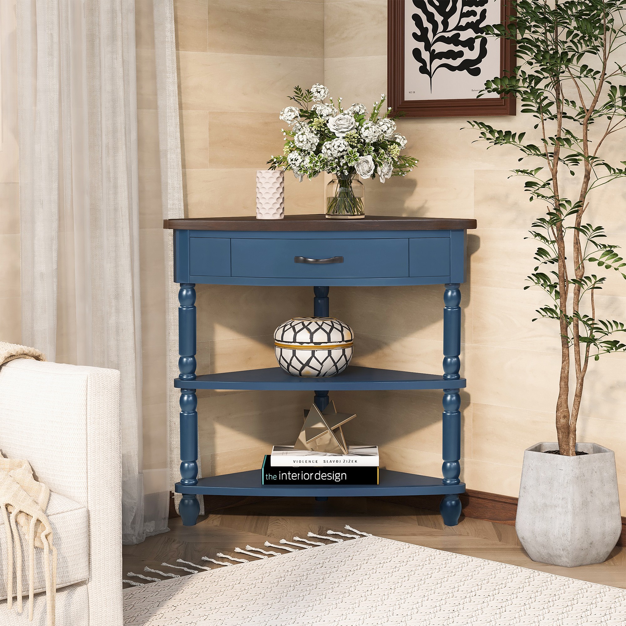 Aukfa 3 Tier Corner Table with Drawer, Triangle End Table for Entryways, Hallways, and Small Spaces, Navy Blue