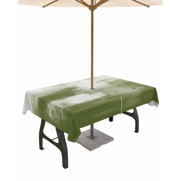 Outdoor Tablecloth with Umbrella Hole for Patio/Picnic/Party/Camping, Abstract Sage Green Waterproof Table Cloth Rectangle Table Cover Washable, Modern Street Art Retro White Painting (54"x 80")