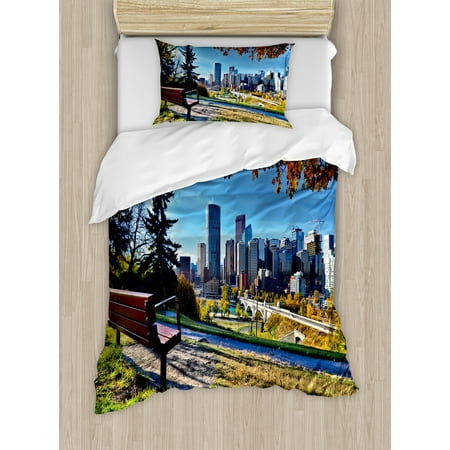City Duvet Cover Set Park Bench Overlooking The Skyline Of
