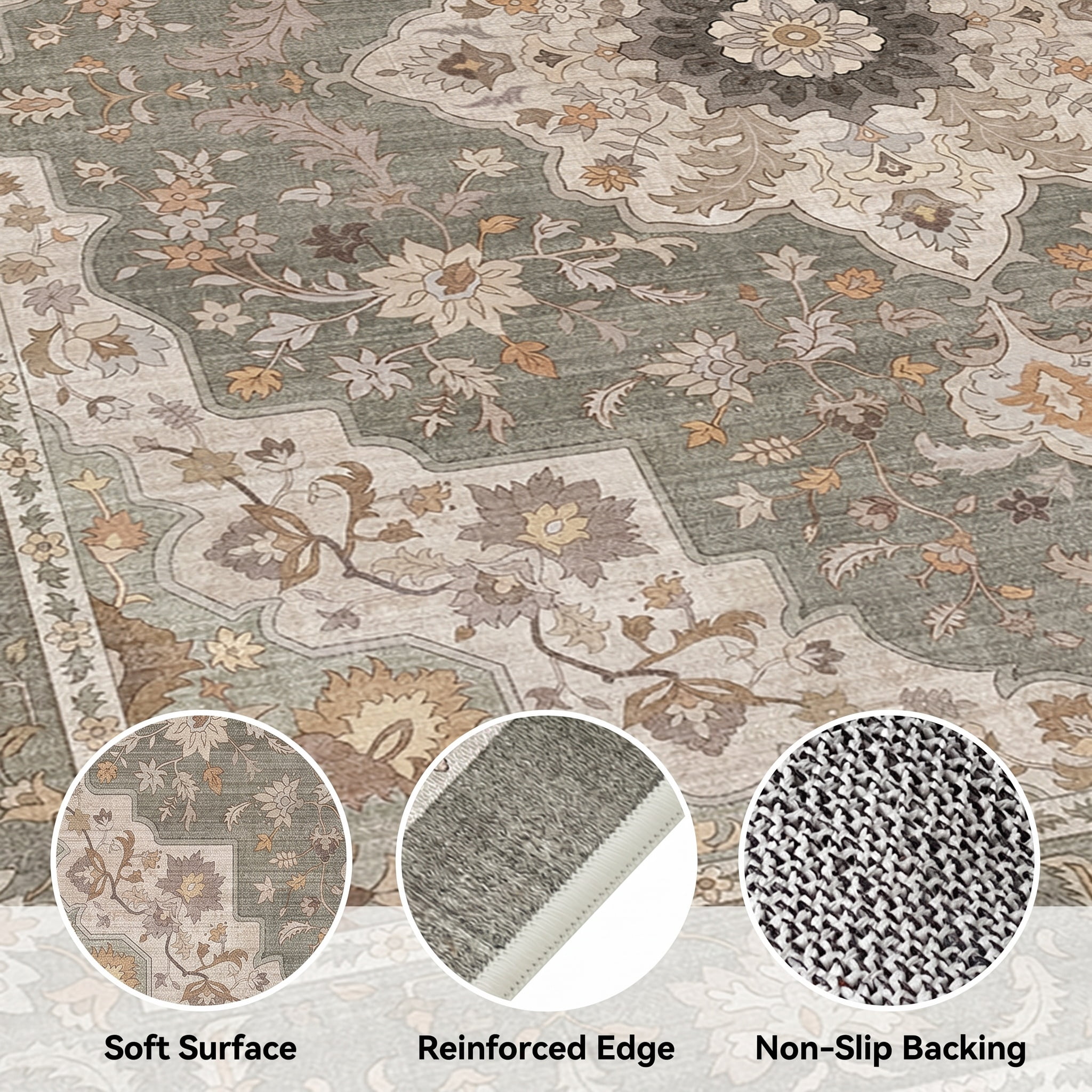 CHITOOMA 8'x10' Area Rugs for Living Room, Boho Machine Washable Floral Area Rug with Non-Slip Backing, Stain Resistant Non-Shed Carpet for Bedroom, Dining Room, Dorm, Office