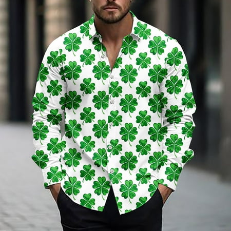 BLTIBY 2025 St. Patrick's Day Shirt for Men Button Down Irish Shamrock Printed Long Sleeve Lapel Shirts Casual Loose Fit Tops Green L