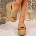 thumbnail image 3 of Rokment Sparkly Metallic Platform Wedge Slip on Sandals for Women Dressy Bridal Bling Trendying Casual Leather Height Increasing Chunky Heeled Dress Slides Comfy Walking Slippers Gold Size 7, 3 of 8