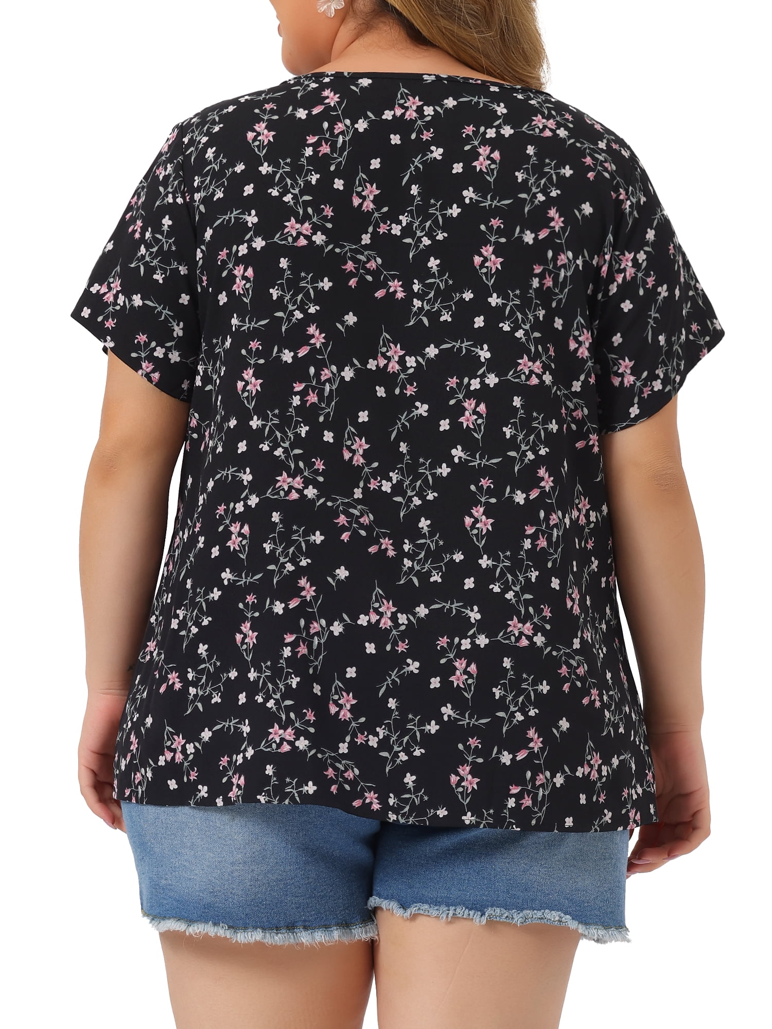 DARING DIVA Women's Plus Size Floral Half Placket Short Sleeve Blouses 6X Black