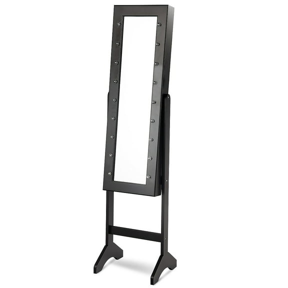 Patiojoy LED Lighting Mirrored Jewelry Cabinet Armoire Free Standing Dressing Organizer Black
