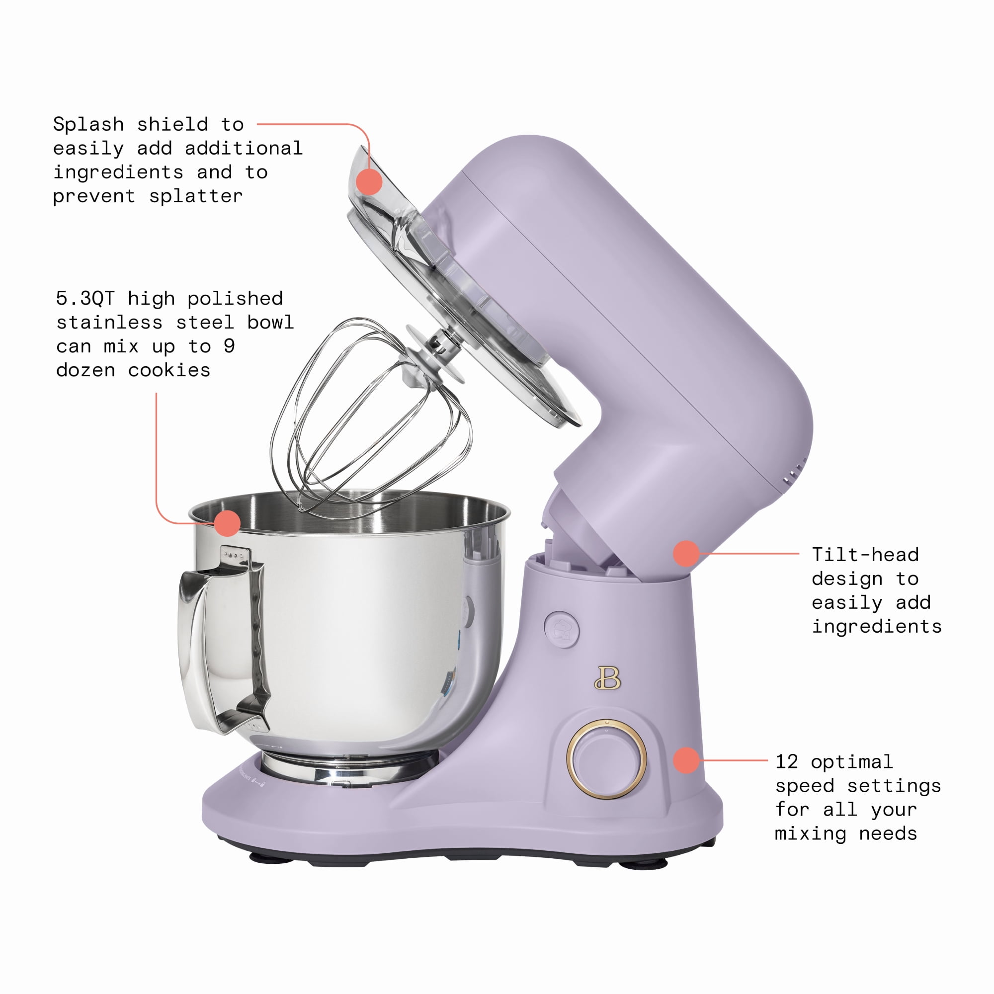 Beautiful 5.3 Qt Stand Mixer, Lavender with Flat Beater, Dough Hook, Balloon Whisk
