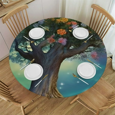 

Ullo0ord Forest Decor Round Fitted Tablecloth with Elastic Edge Forest at Night with Flowers and Stars Print Polyester Table Cloth Fit Round Table up Diameter for Party Dining 31-35