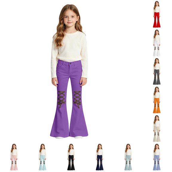 Xijirk Solid Polyester Kids Bell Bottom Flare Pants Girls Knee Leopard Crisscross Lace-Up Casual Long Trousers Outdoor Daily Pants Purple,7-8 Years