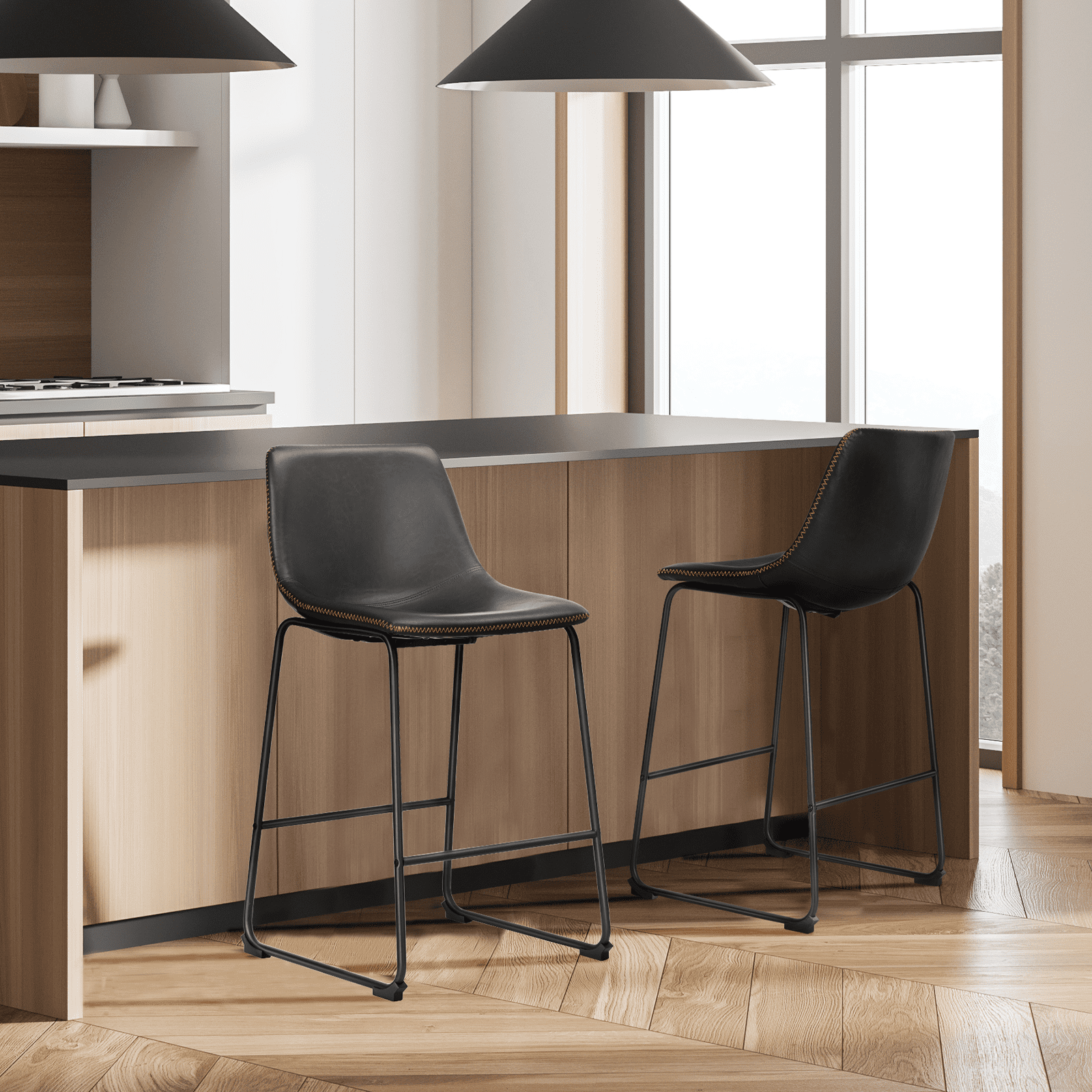 MAYEERTY Armless Barstools Faux Leather Dining Chairs with Metal Legs and Footrest, for Home Office Kitchen Island