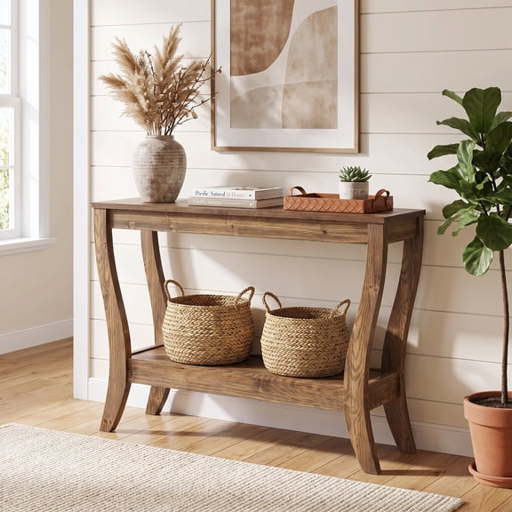 Fnova 41.3-Inch Solid Wood Console Table, Farmhouse 2-Tier Sofa Table with Storage for Entryway, Living Room, Hallway