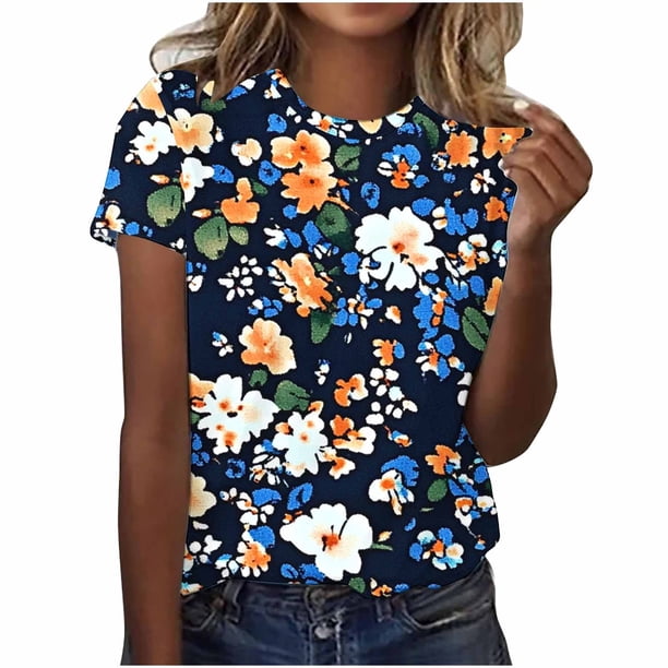 Camisas de Manga Larga para las Mujeres Suelto Ajuste Impreso Verano Sexy Cuello Redondo Superior, Poliéster Regular