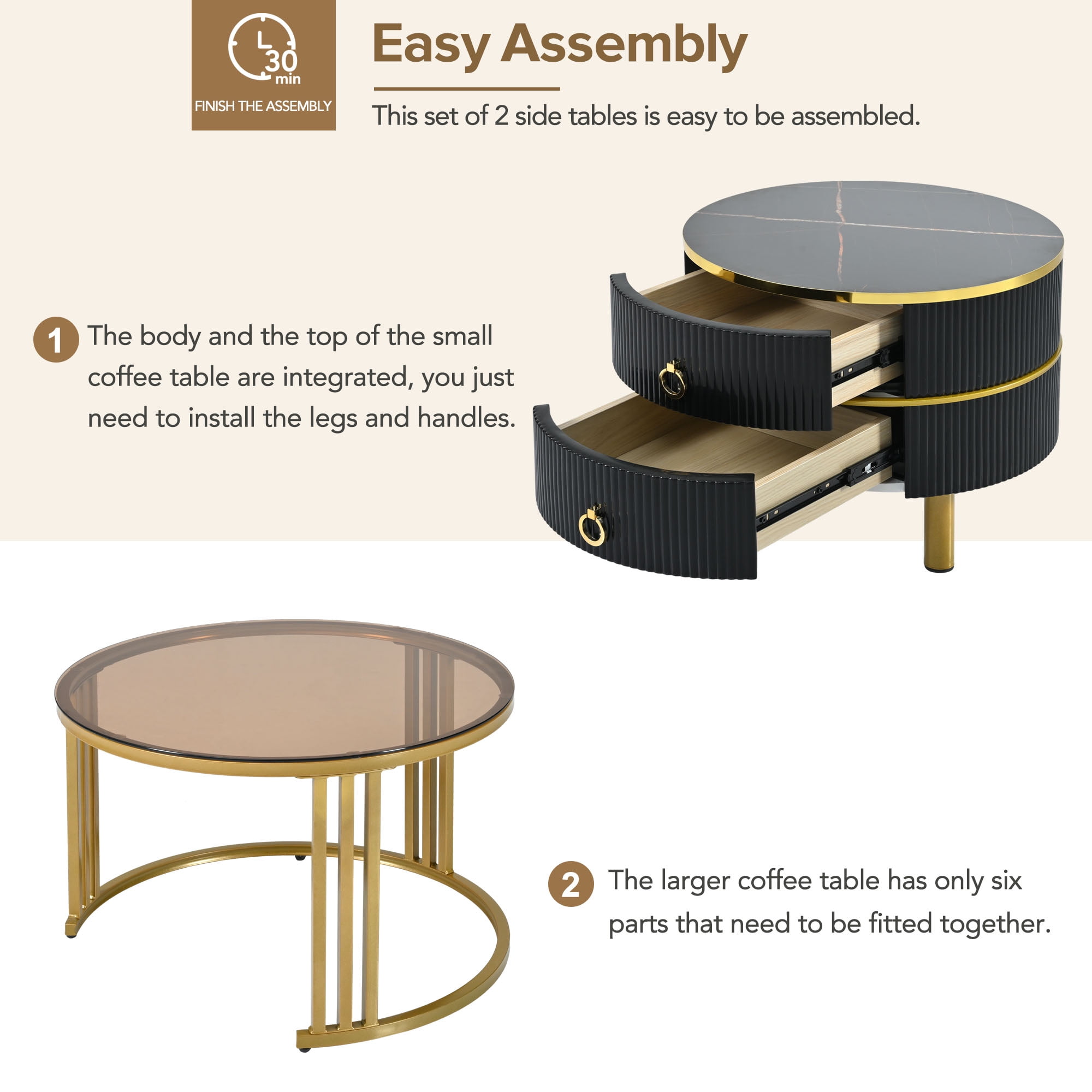 MAYEERTY Stackable Coffee Table with High Gloss Marble Tabletop, Set of 2，Living Room, Black