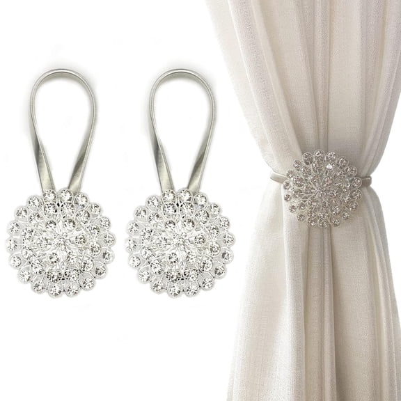 Magnetic Tiebacks for Curtains, 2 Pack Sparkling Crystal Flower Curtain Tiebacks Curtain Buckle Clips with High-Elastic Spring Wire for Home Office Decoration (White)