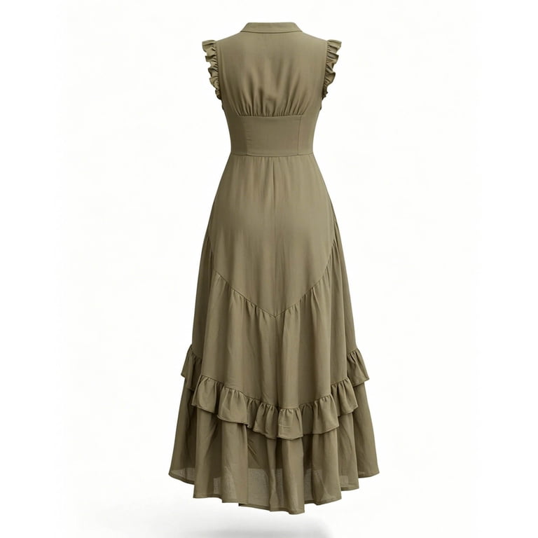 Women's Boho Dresses Summer Casual V Neck Sleeveless Ruffle Hem Layered Button Maxi Dress Beach Holiday Vacation Going out Wedding Guest Party Dress