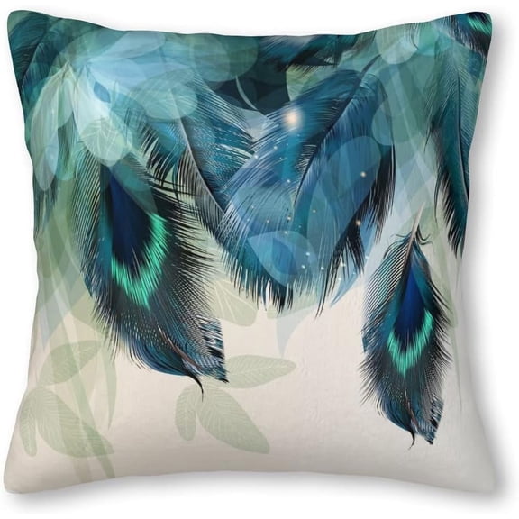 Peacock Feathers Turquoise Velvet Throw Pillow Covers Sofa Pillowcase Car Square Throw Pillowcases Home Decoration 18x18Inch