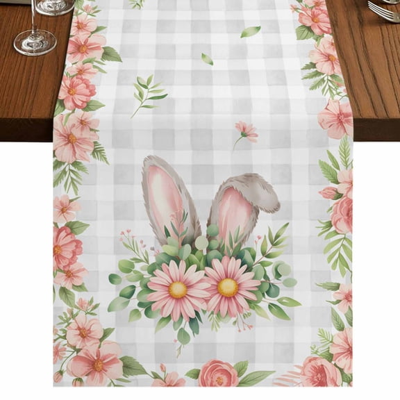 Table Runners 90 Inches Long Dress Scarves, Pink Floral Easter Farmhouse Coffee/Dining/Kitchen Table Runner for Living Room, Spring Flowers Grey Plaid Pastoral 13x90 Inch