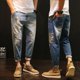 thumbnail image 2 of Pantalones vaqueros retro para hombre, estilo Kpop, de color azul claro y con agujeros, para hombre, rotos, ajustados y cónicos, de diseñador, tallas XS, 2 of 5