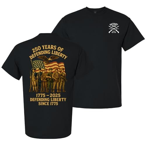 Patriot Pride Men’s Graphic T-Shirt –250 Years of Defending Liberty 1775–2025 American Soldiers & Flag Since 1775 Design, Black, Small