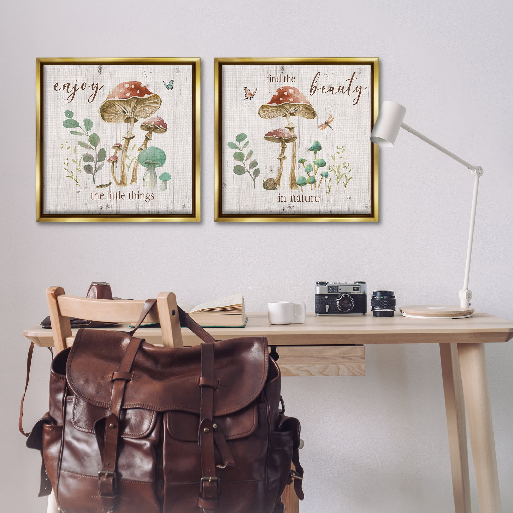 Stupell Industries Enjoy Beauty Mushroom Plants & Flowers Painting Gold Floater Framed Canvas Art Print Wall Art, 25 x 25, Set of 2