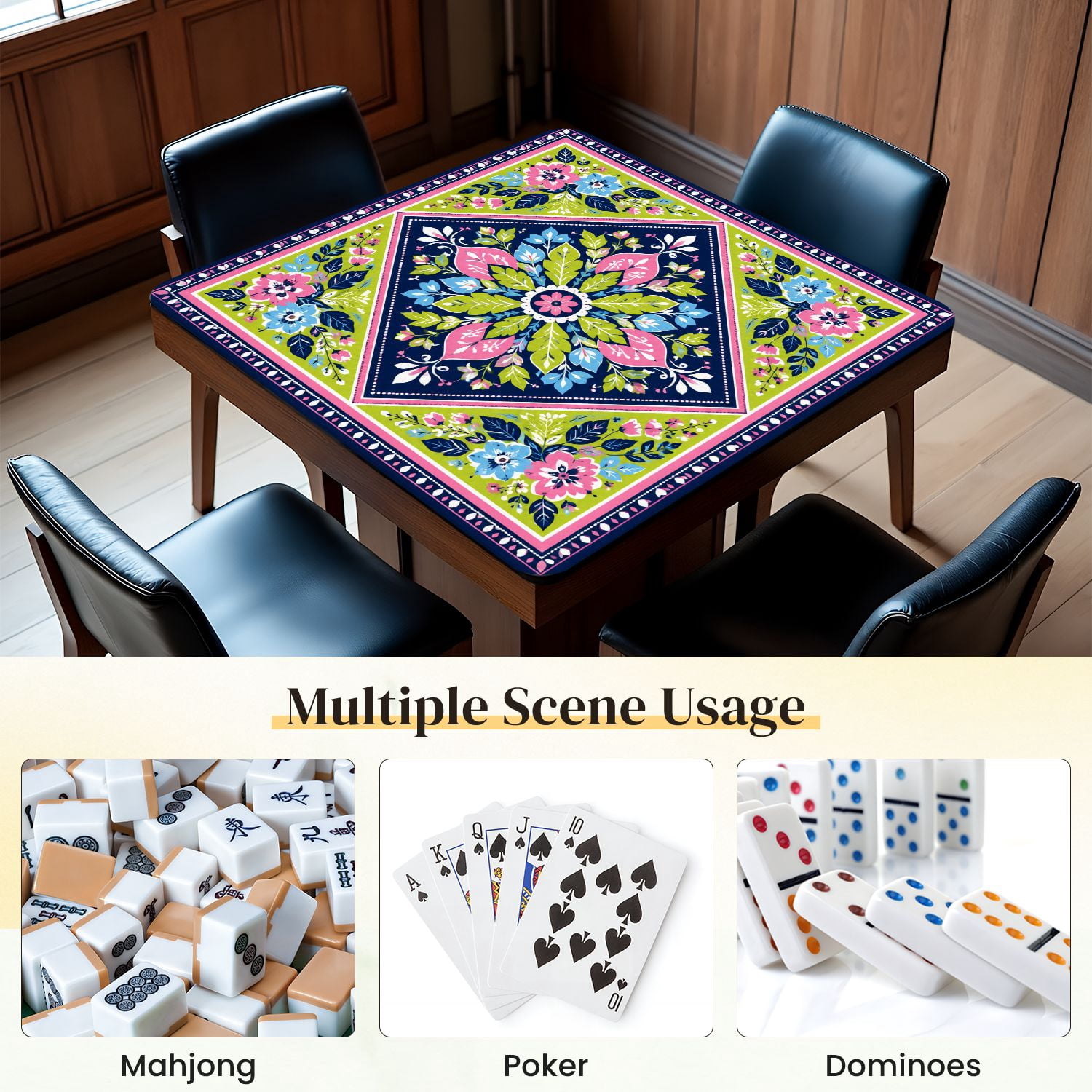 Mahjong Mat 31.5" x 31.5" Floral Pink Blue Green Leaves Flowers Navy Non-Slip Noise Reduction Mahjong Tiles Table Cover for Dominoes Poker Card Board and Tile Games