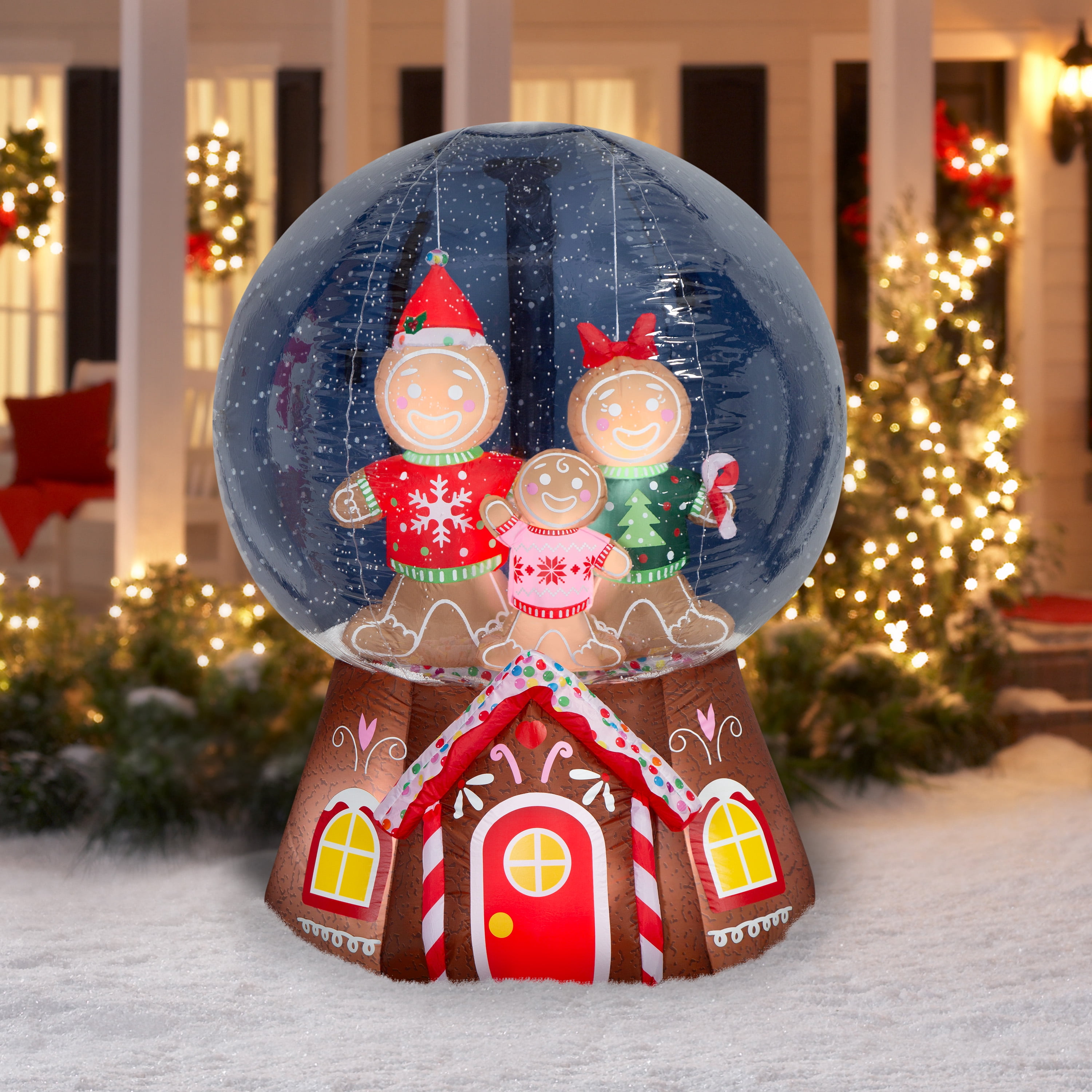Airblown Christmas Yard Inflatables Light Snow Globe with Snow Pellets Gingerbread Family House 6 ft