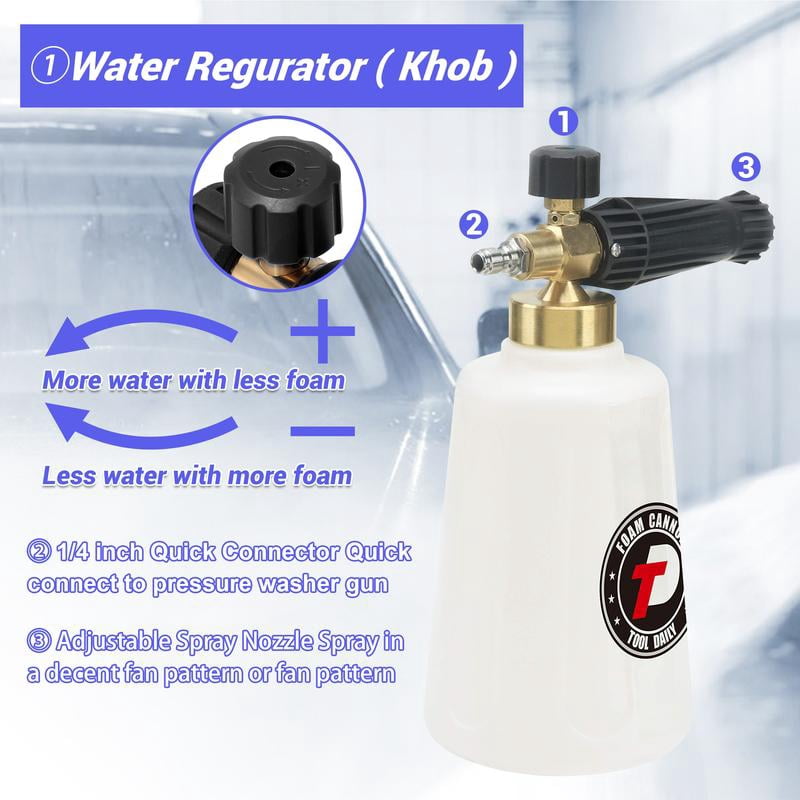 Tool Daily Foam Cannon for Pressure Washer with Double Tip Attachment, Dual Lance Wide Mouth Soap Cannon, 5 Power Washer Sprayer Nozzles, 1/4" Quick Connect, 3600 PSI