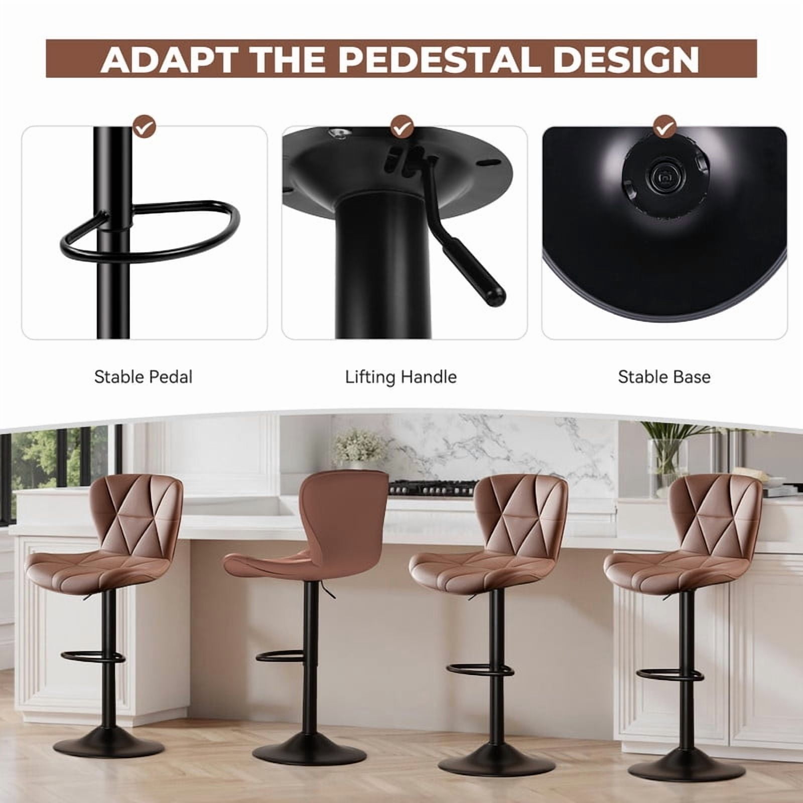 Daluvenix Modern Bar Stools Set of 1, Adjustable Swivel Counter Height Bar Chairs with Back, Faux Leather Upholstered for Kitchen Island, Brown