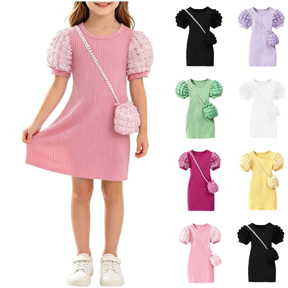 THDHVS Girls Summer Dress,Girls Textured Ribbed Knit Dress Puff Short Sleeve Round Neck Matching Crossbody Bag Summer Princess,Dresses for Girls 8-9 Years