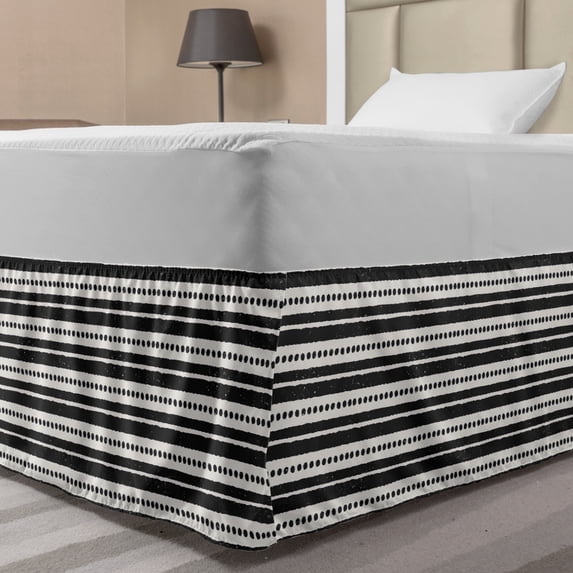 Abstract Bed Skirt, Grunge Pattern Image of Horizontal Stripes and Repeated Dots, Elastic Bedskirt Dust Ruffle Wrap Around for Bedding Decor, 4 Sizes, Off White and Charcoal Grey, by Ambesonne