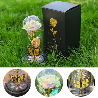 Qoosea Flowers Artificial Birthday Yellow Rose Flower Gifts for Mothers Day,Women,Eternal Rose with Butterfly in Plastic Dome Artificial Flower Unique Birthday Gifts for Her Grandma Sister Friend