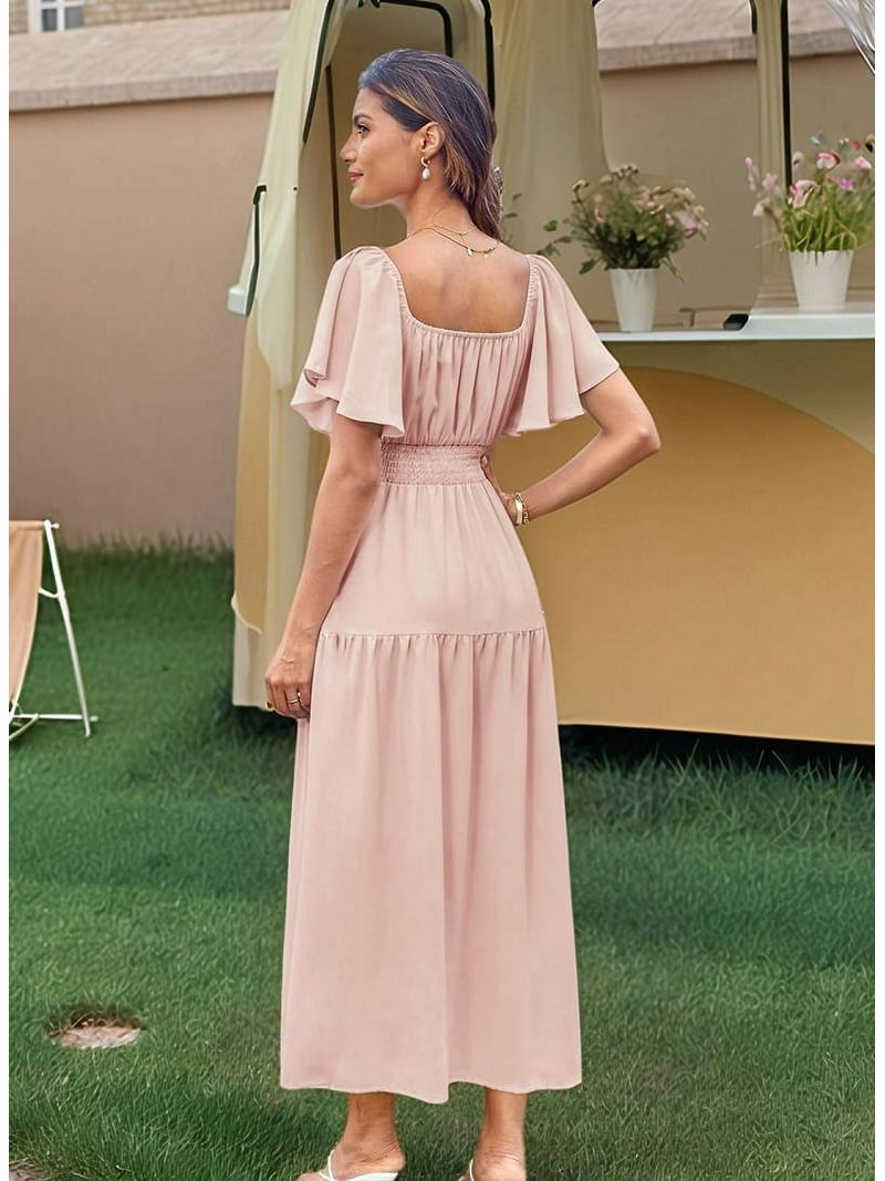 Mawalde Women'S Summer Short Sleeve Square Neck Smocked Waist Casual  Vacation Tiered Flowy Maxi Dress Light Pink XXL - Walmart.com