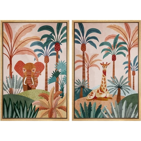 IDEA4WALL Framed Canvas Print Wall Art Set Elephant & Giraffe in Tropical Jungle Safari Digital Art Decorative Bohemian Colorful Chic Artwork for Living Room, Bedroom, Office - 24"x36"x2 Natural