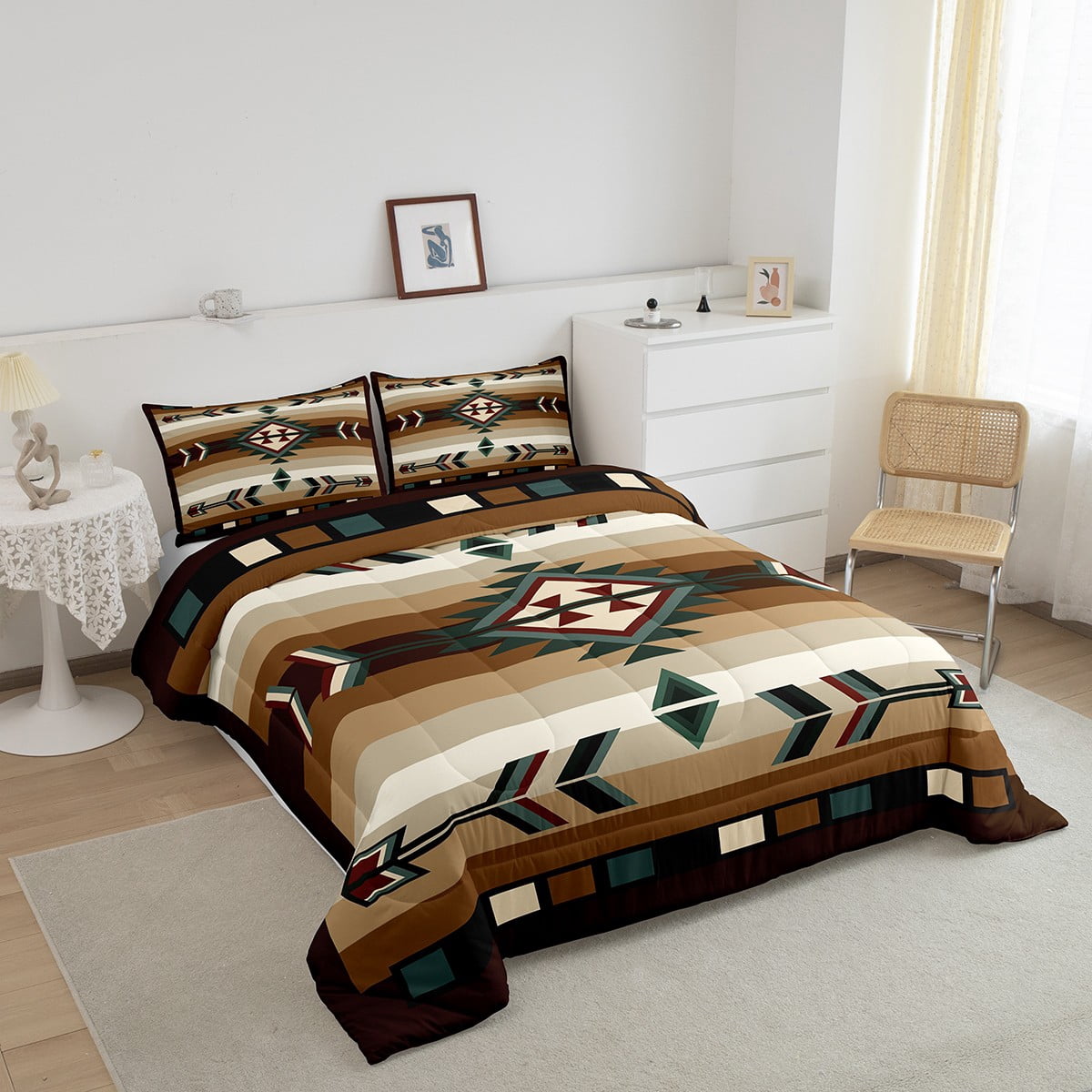 Rustic Bohemian Queen Comforter Set American Southwestern Bedding Set Boho Western Aztec Exotic Bed Comforter Sets Men Vintage Country Farmhouse Quilt Duvet 3 Pcs