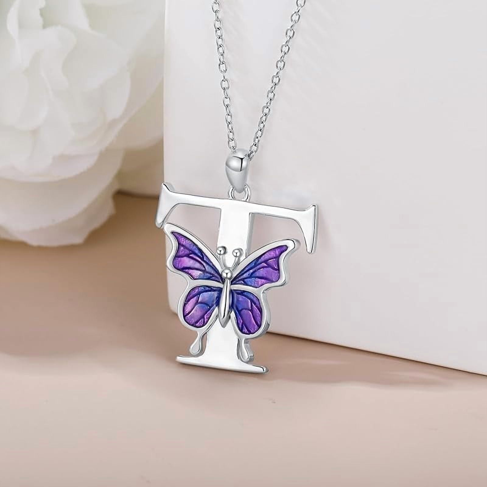 AOBOCO Initial Necklace for Women 925 Sterling Silver Purple Butterfly with A-Z 26 Letters Pendant Necklace for Graduation Gifts