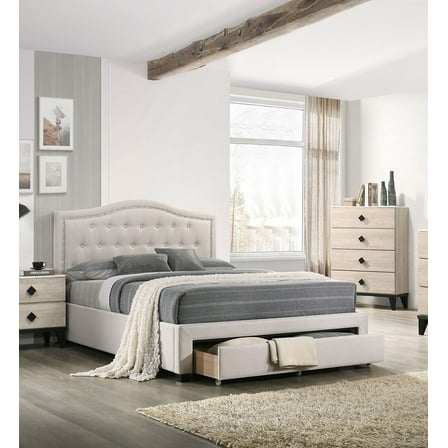 Light Brown Burlap Fabric Tufted Headboard Storage Footboard Full Size Bed 1pc Bedroom Furniture Particle Board