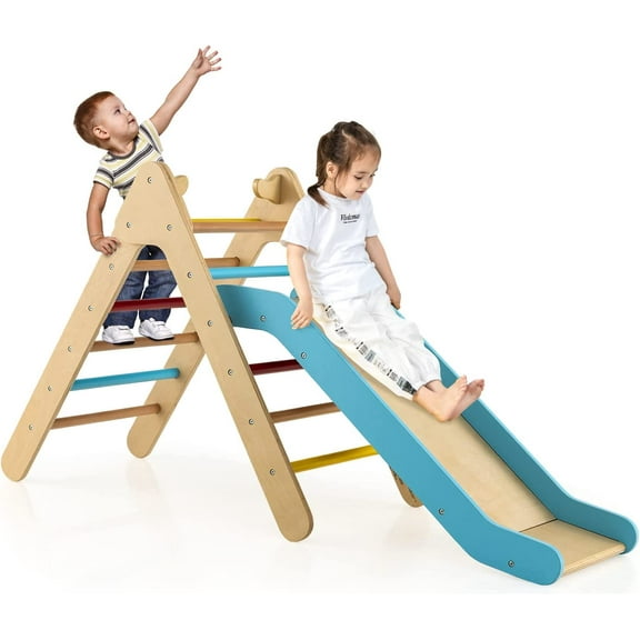 OLAKIDS Climbing Toys for Toddlers, 2 in 1 Montessori Kids Wood Triangle Climber with Ramp Ladder Slide for Gym Playground, Indoor Outdoor Climbing Toy Baby Play Structure Activity Set for Boys Girls