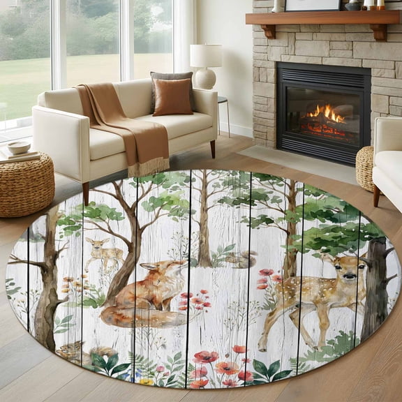 Round Rugs 7Ft, Spring Forest Animals Round Area Rug Washable Indoor Throw Carpet, Floral Botanical Trees Grey Wooden Large Non Slip Circle Rug for Dining Room Playroom Home Decor Aesthetic