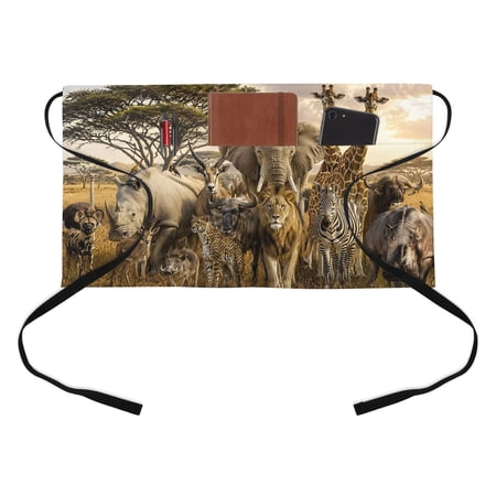 Wildlife Kitchen Restaurant Half Waist Apron, Lion Elephant Giraffe Zebra Rhinoceros Deer Server Short Apron with 3 Pockets Waterproof Oil Waist Aprons for Women Waitress Waiter