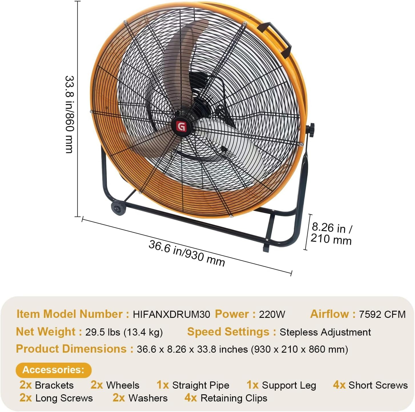 36 Inch Industrial Drum Fan,750W 18000 CFM High Velocity Floor Fan,3-Speed Heavy Duty Metal Air Circulator with 60° Adjustable Tilt for Shop,Warehouse,Workshop,Garage,Factory