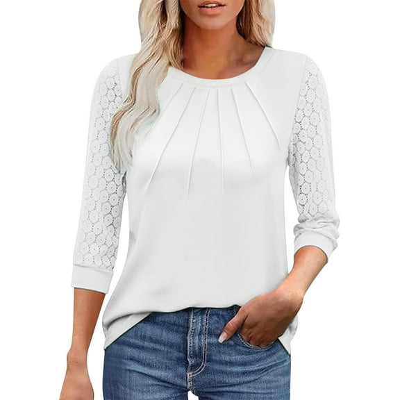 Otntypg Women's Dressy Business Casual Tunic Tops 3/4 Length Puff Sleeve Lace Crochet Eyelet Crewneck Ruched Pleated Solid Color T Shirts 2025 Summer Work Blouses White M