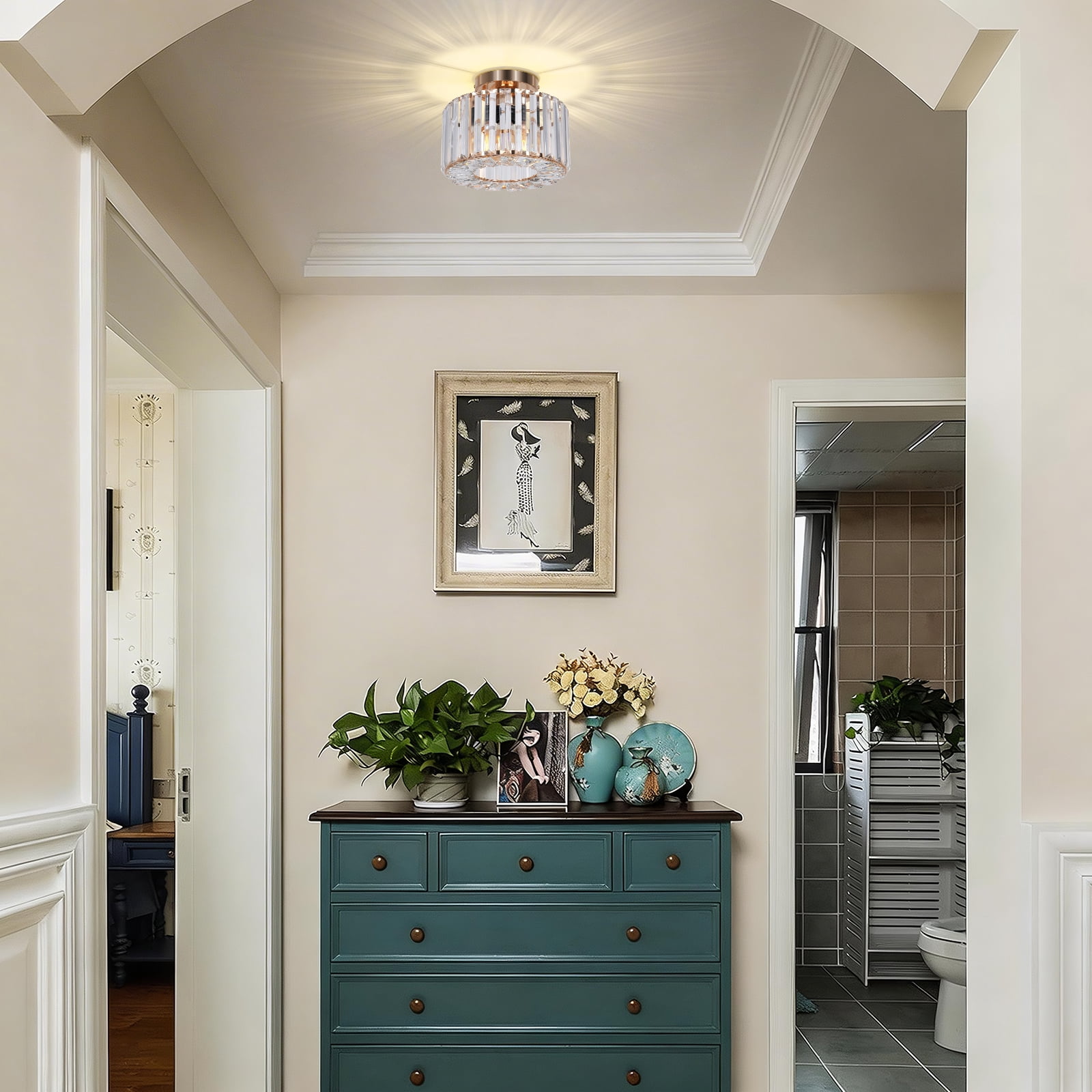 FRIDEKO HOME 9" Crystal Semi Flush Mount Ceiling Light, E26 Base, Modern Gold Small Ceiling Light Fixture for Hallway、Kitchen、Entryway、Bedroom、Bathroom (Bulb not Included)