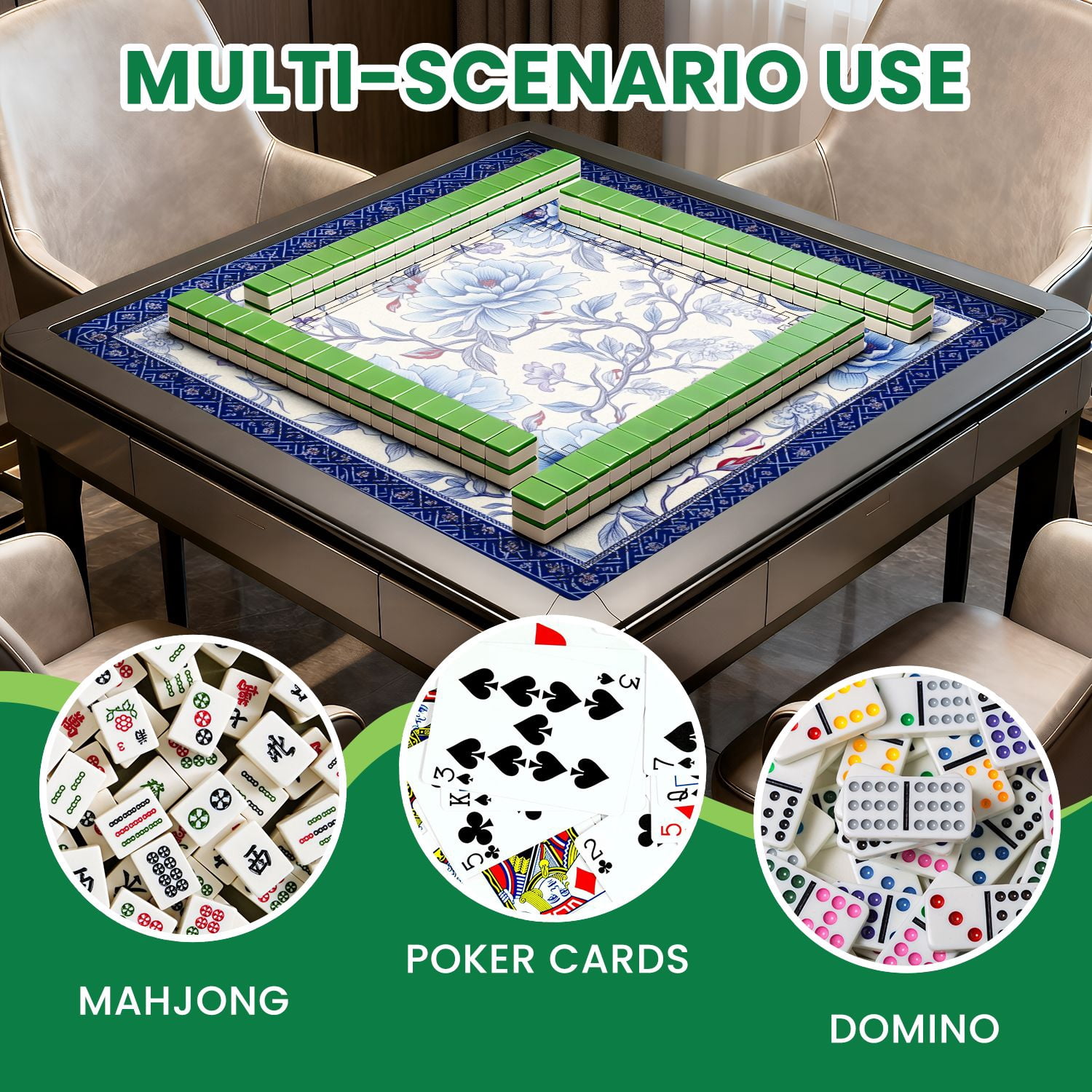 Mahjong Mat 31.5" x 31.5" Elegant Blue Floral Decorative Border Cream Non-Slip Noise Reduction American Mahjong Tiles Table Cover for Dominoes Poker Card Board Games Gift