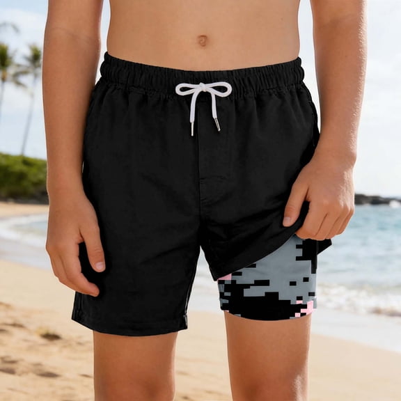 FAOWME Kids Boys Swim Trunks Drawstring Elastic Waist Solid Color Comfortable Breathable Beach Shorts With Liner For Summer Pool Party Water Activities,Black,5-6 Years