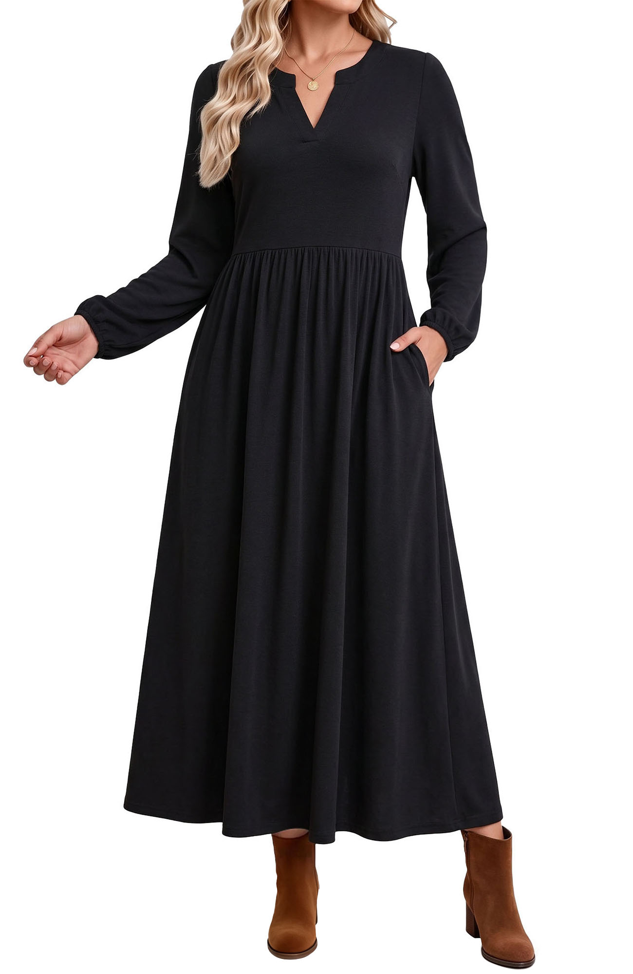 UVN Women's Long Sleeve V-Neck Flowy Swing Dress photo 1