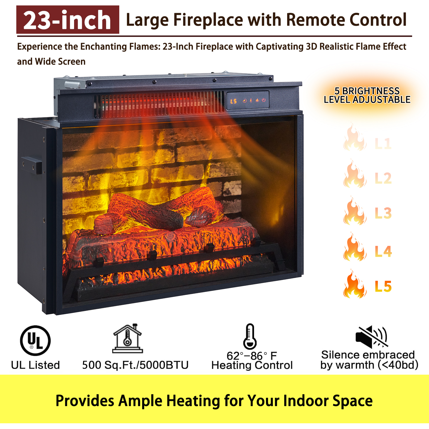 SinCiDo Electric Fireplace with Mantel for 42" TV Stand, Remote Control, Adjustable Flame, 1400W