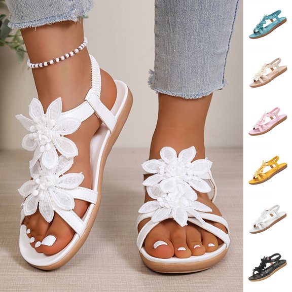 Fashion Casual Ladies Round Toe Flat Sandals Floral Embellished Back Elastic Band Design Spring Summer Daily Versatile Footwear Yellow 9.5(43)