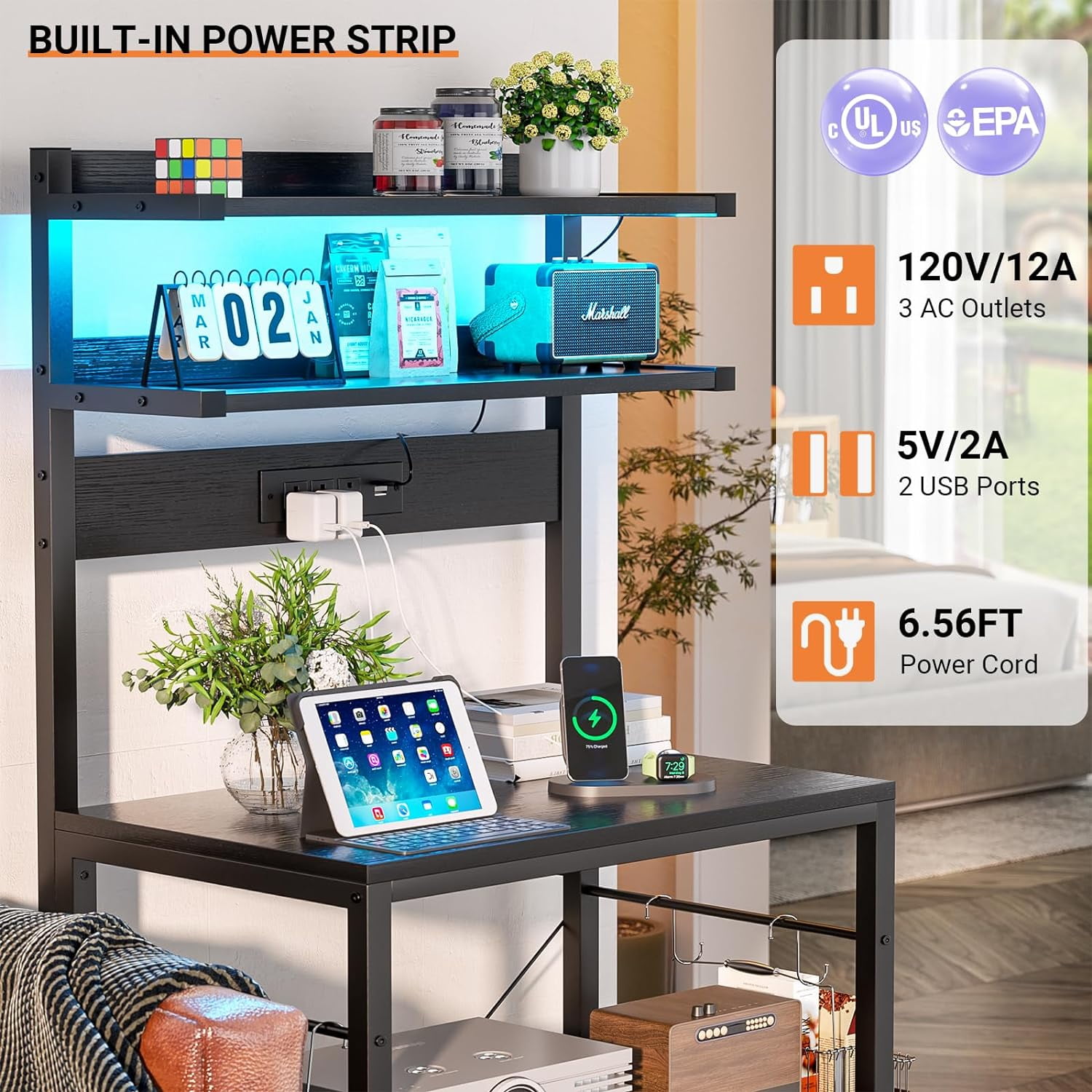 iSunirm 5-Tier Bakers Rack with Power Outlet, Microwave Stand, Coffee Bar Station with RGB Led Light, kitchen Storage Shelf with 6 Hooks, Kitchen Rack for Spices, Pots, and Pans, Black