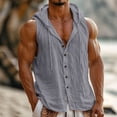 thumbnail image 2 of Men's Sleeveless Hooded Cotton Linen Shirt, Button Down Casual Beach Vest, Lightweight Breathable Summer Vacation Top Gray, 2 of 9